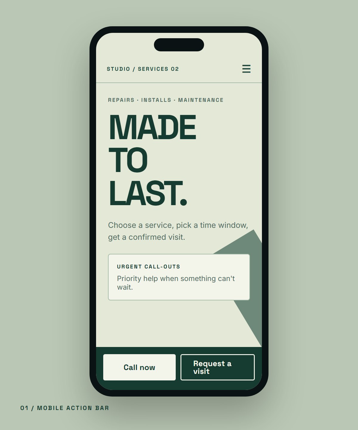 Fictional local services concept on a phone, with call and request buttons pinned to the bottom of the screen