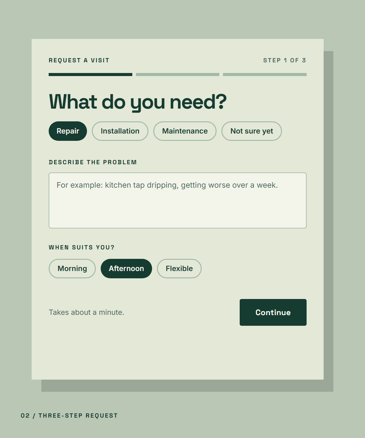 Fictional three-step service request form asking what is needed and a preferred time window