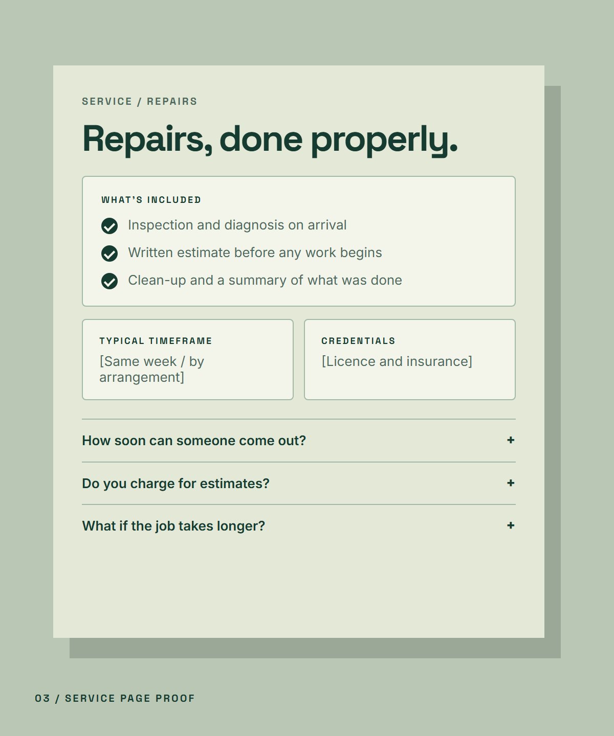 Fictional service page showing what is included, placeholder credentials and common questions