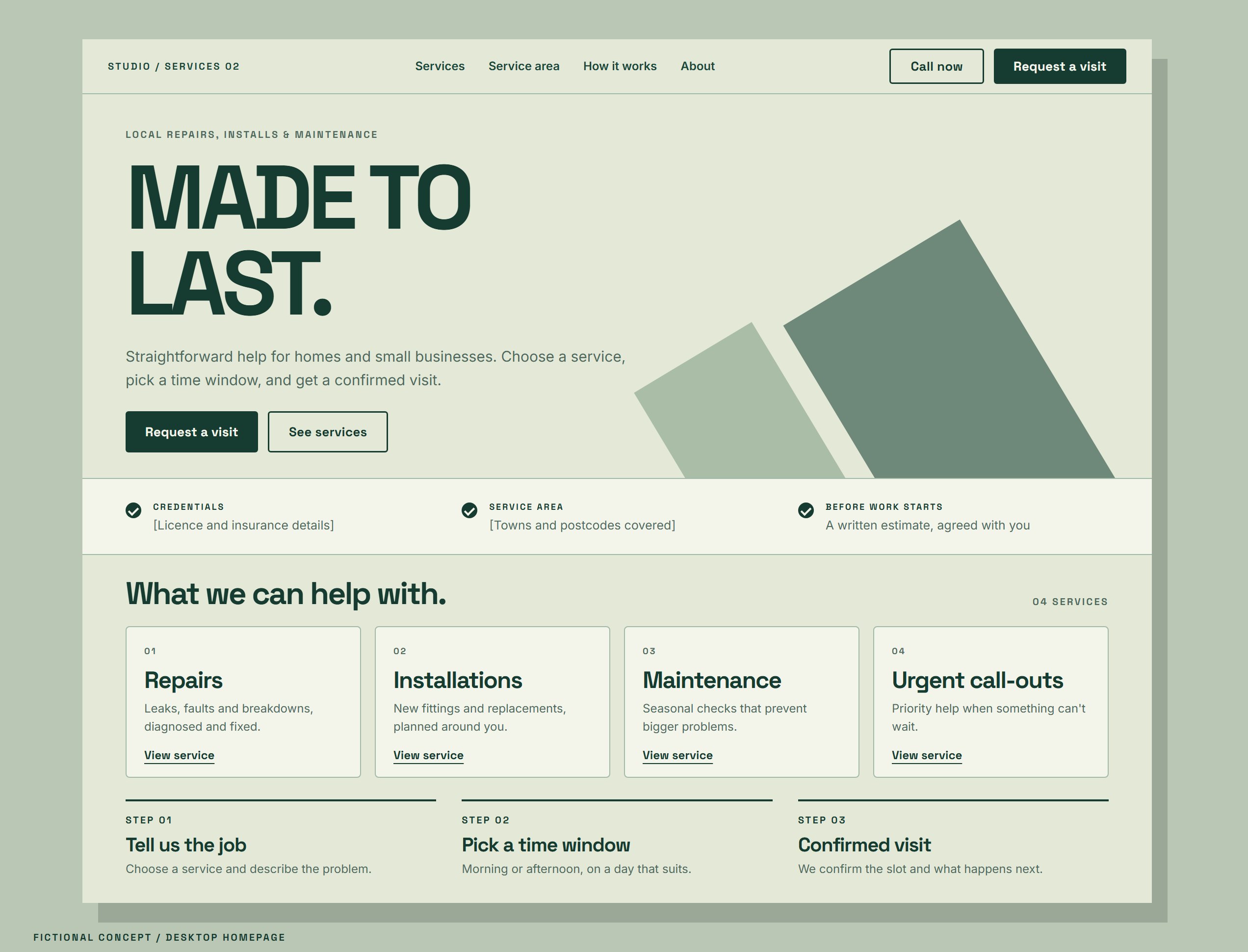 Fictional local services website concept shown as a desktop homepage, with service cards, credential placeholders and a three-step booking path