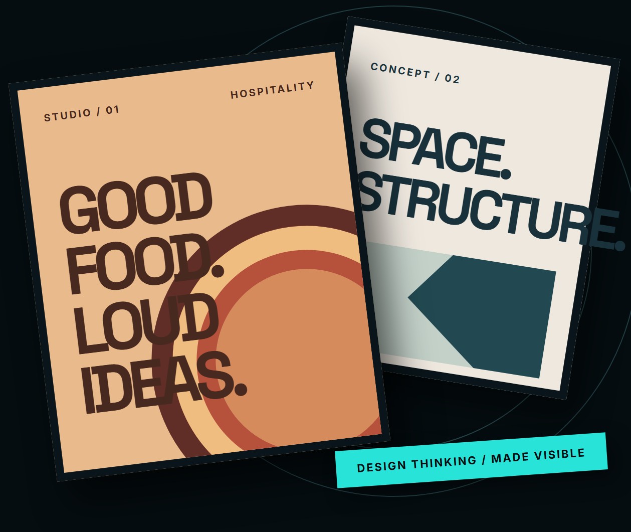 Overlapping fictional creative concept presentation panels