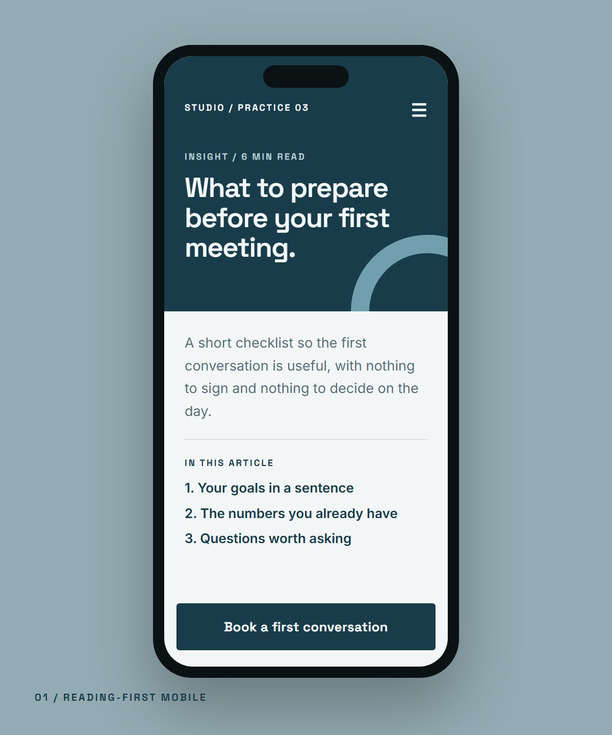 Fictional professional services concept on a phone, showing a reading-first article with a single booking button