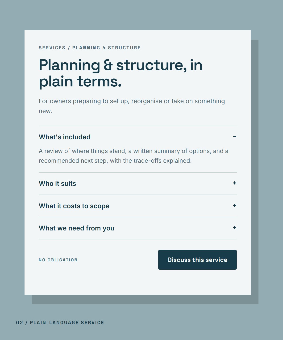 Fictional plain-language service page with expandable sections for what is included, who it suits and what is needed
