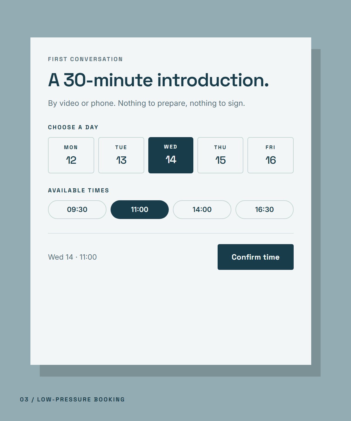 Fictional booking panel for a 30-minute introductory conversation with day and time options