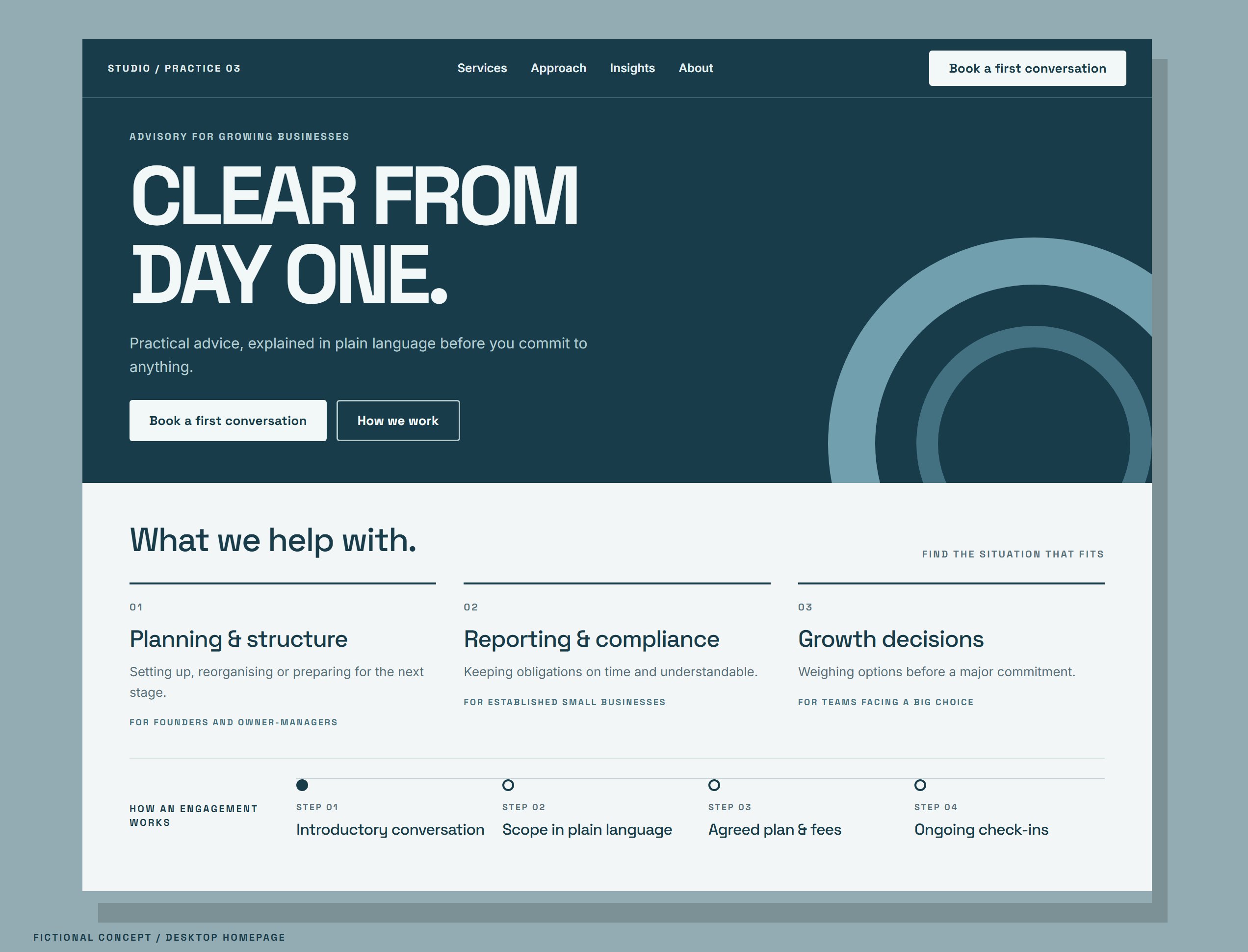 Fictional professional services website concept shown as a desktop homepage, with plain-language service areas and an engagement timeline
