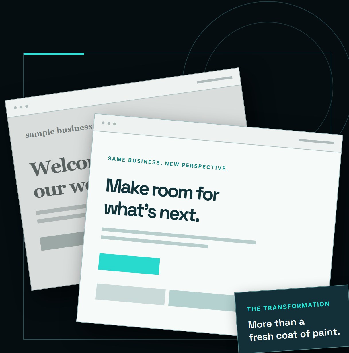 Conceptual transformation illustration: an outdated gray website mockup overlapped by a clean, modern mint and white design