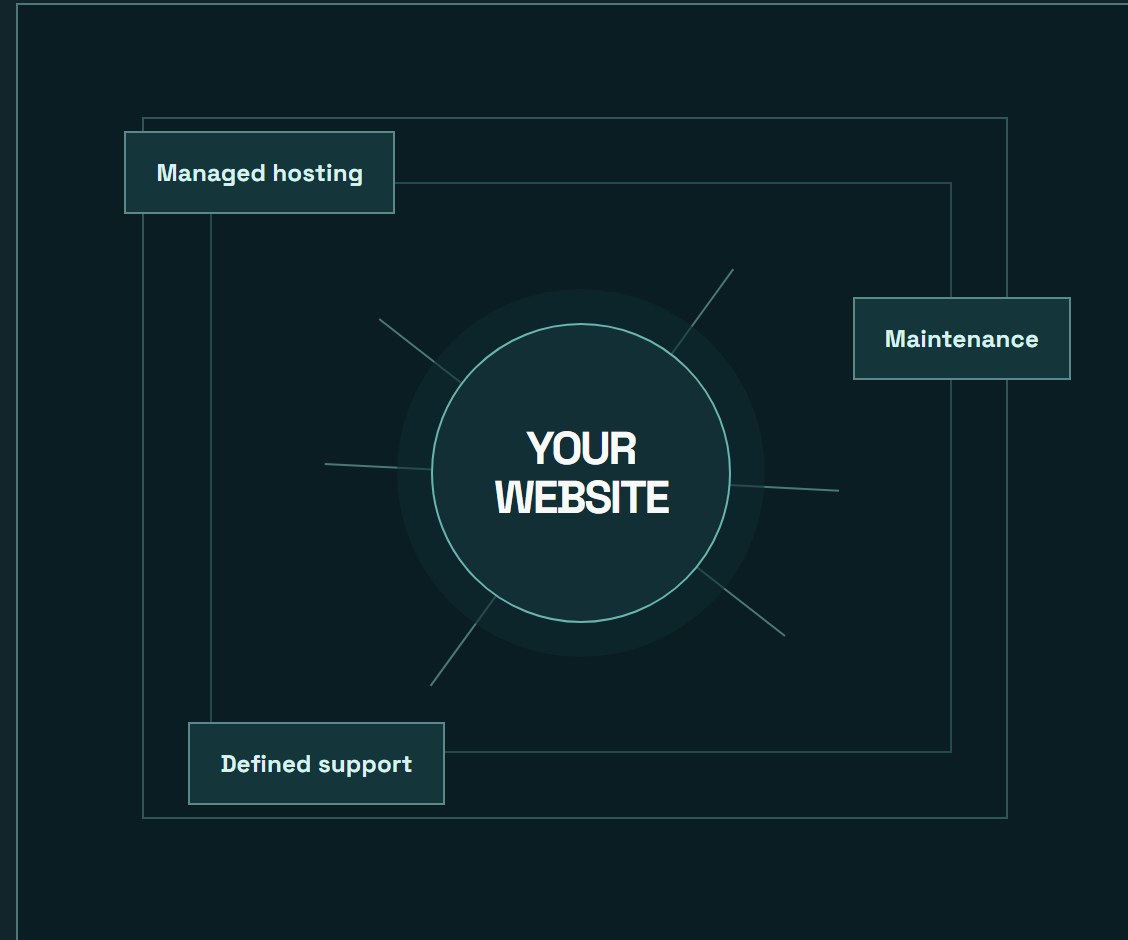 Abstract diagram around a website showing hosting, maintenance, and support; not a technical architecture or service-level promise
