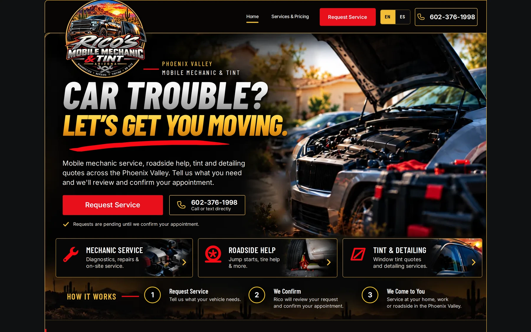 Rico's Mobile Mechanic & Tint English homepage on desktop, headlined Car trouble? Let's get you moving.