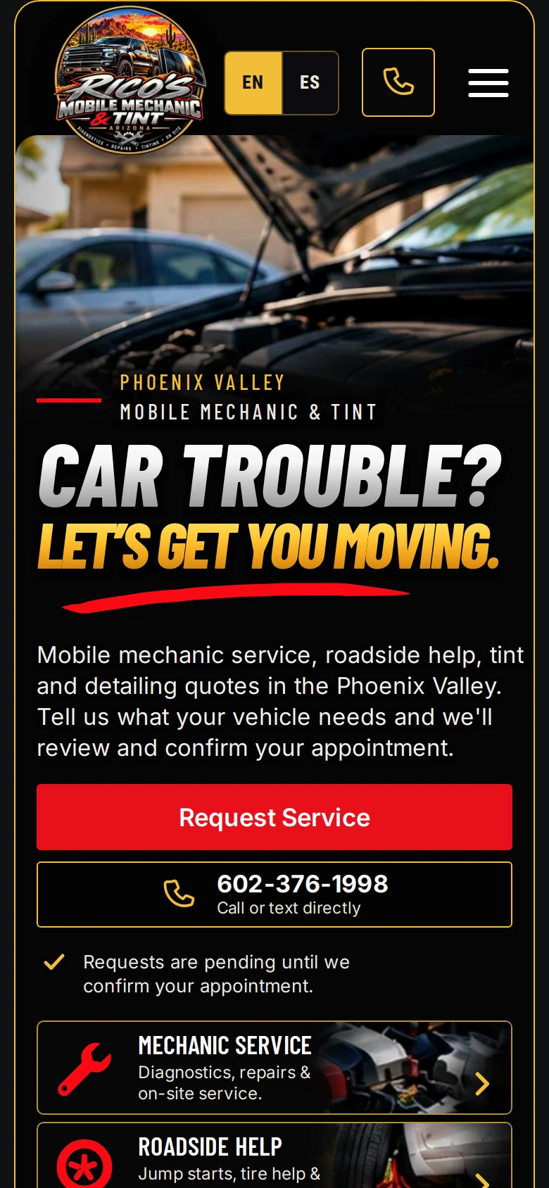 Rico's Mobile Mechanic & Tint English homepage on a phone, with Request Service and call buttons