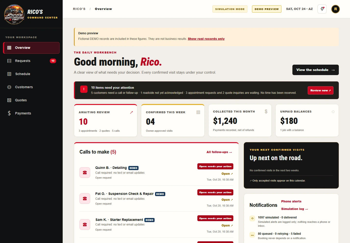 Rico's Command Center Overview dashboard in demo mode, with attention alert, summary cards, calls to make and notifications